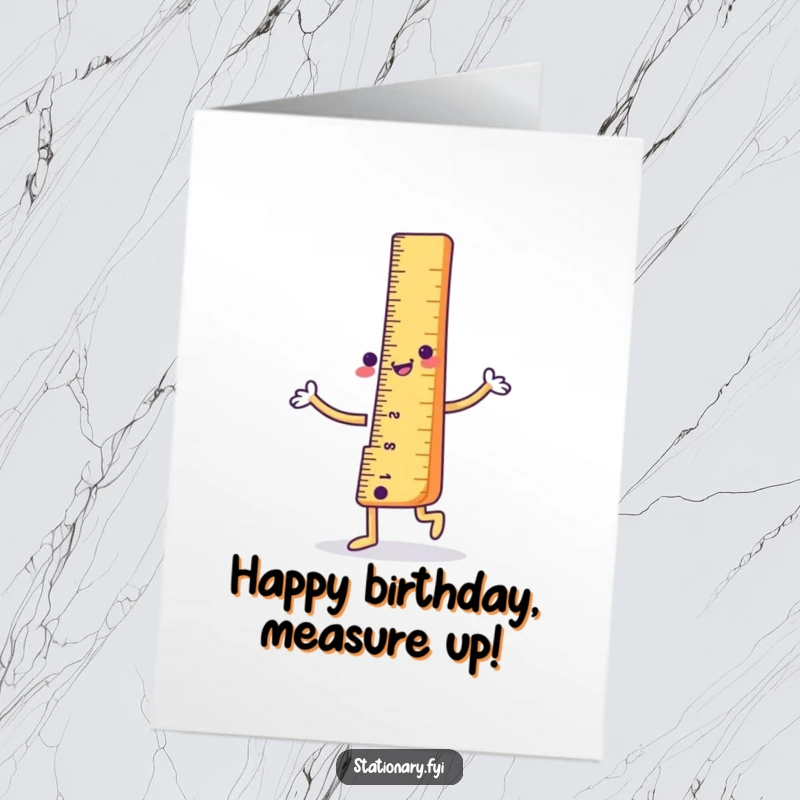 Funny Free Printable Birthday Card: A straight and happy ruler character doing a cheerful, precise dance for a birthday.