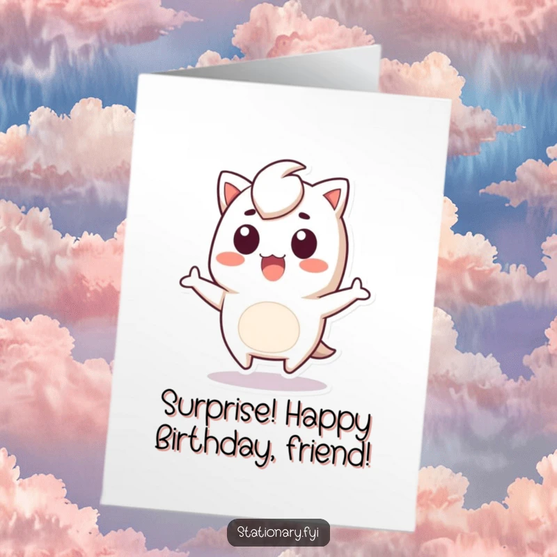 Funny Free Printable Birthday Card featuring a startled Kawaii staple remover character mid-jump, eyes wide with surprise.