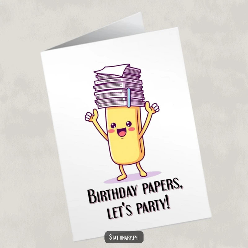 Funny Free Printable Birthday Card featuring a happy Kawaii paperclip character proudly holding a large stack of papers.