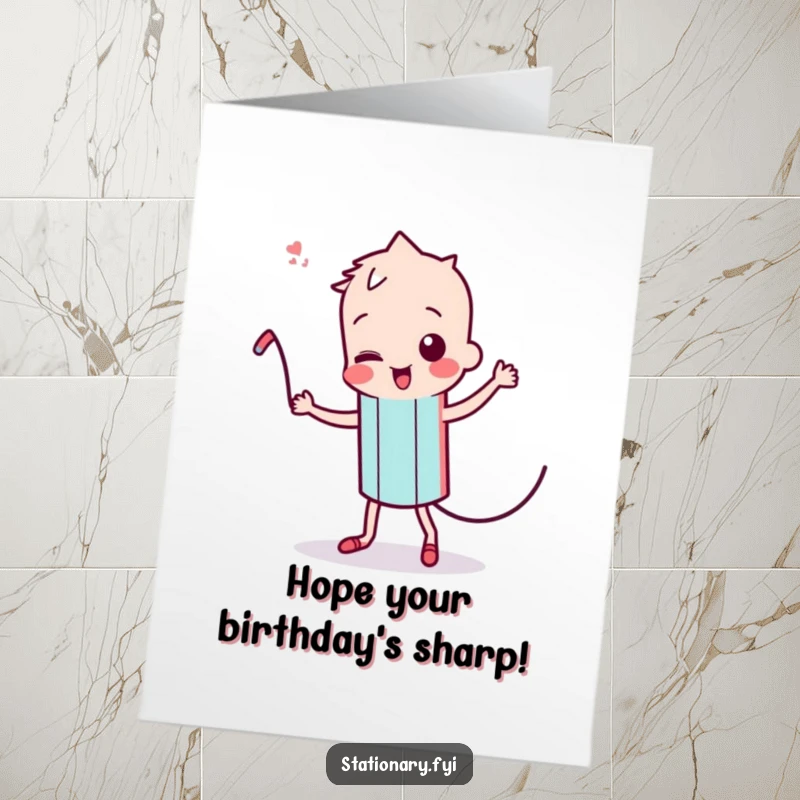 Funny Free Printable Birthday Card: A kawaii pencil character busts a silly dance move with its wiggling lead, bringing energetic humor.
