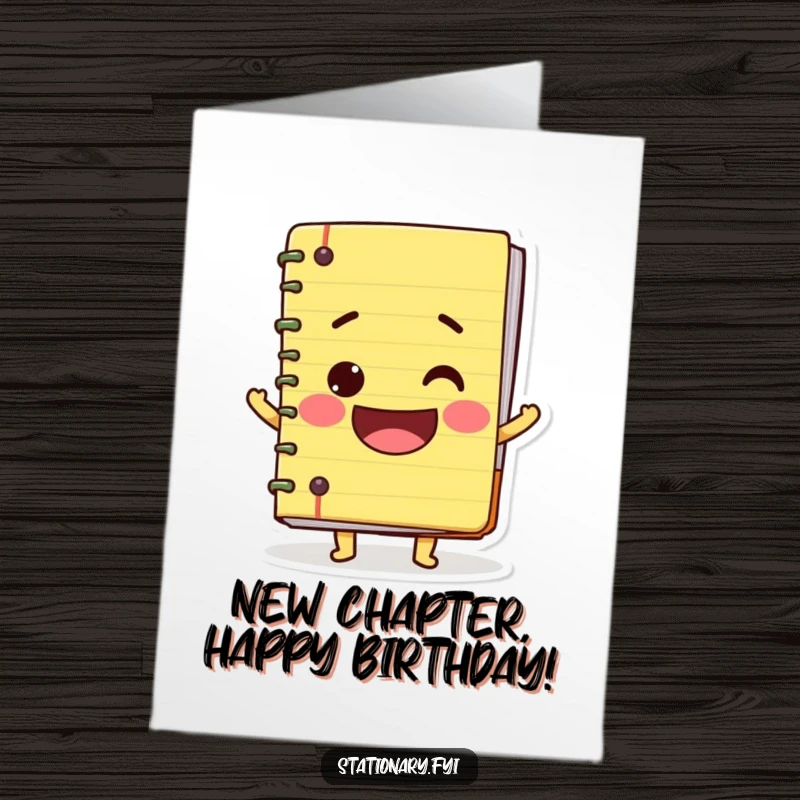 Funny Free Printable Birthday Card: A wobbly notebook character with a huge, friendly smile, ready to celebrate.