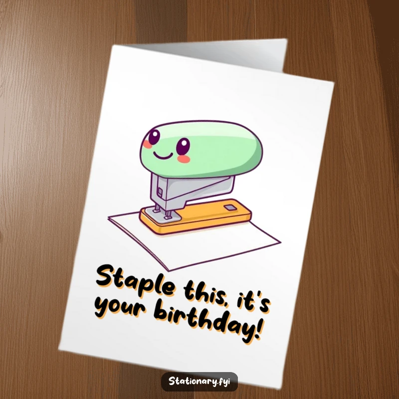 Funny Free Printable Birthday Card showing a cheerful stapler zooming energetically across a sheet of paper, symbolizing a fast, fun celebration.