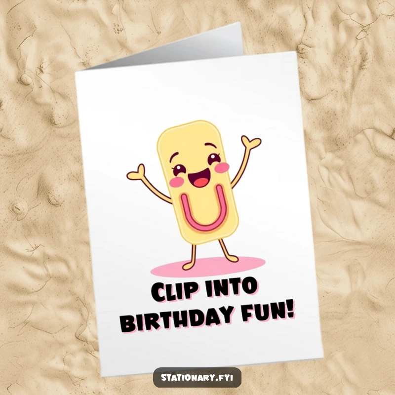 Funny Free Printable Birthday Card: Joyous paper clip character doing a fun shimmy, celebrating with energy.