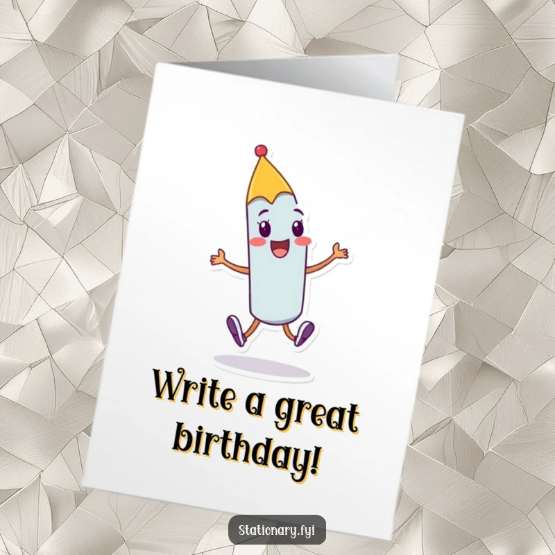 Funny Free Printable Birthday Card: A cheerful pen character does a joyful skip with a flourish, sending happy birthday vibes.