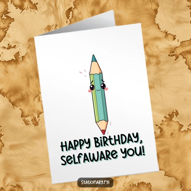 Funny free printable birthday card: a confused pencil attempts to draw its own tip, a witty DIY gift for creatives.