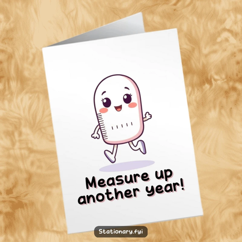 Funny Free Printable Birthday Card: Bouncing ruler character measuring imaginary footsteps, celebrating with humor and style.