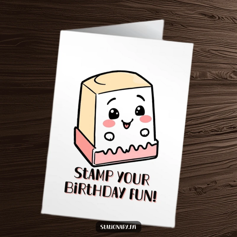 Funny free printable birthday card: a happy rubber stamp cheerfully makes a wobbly line, a delightful DIY gift.