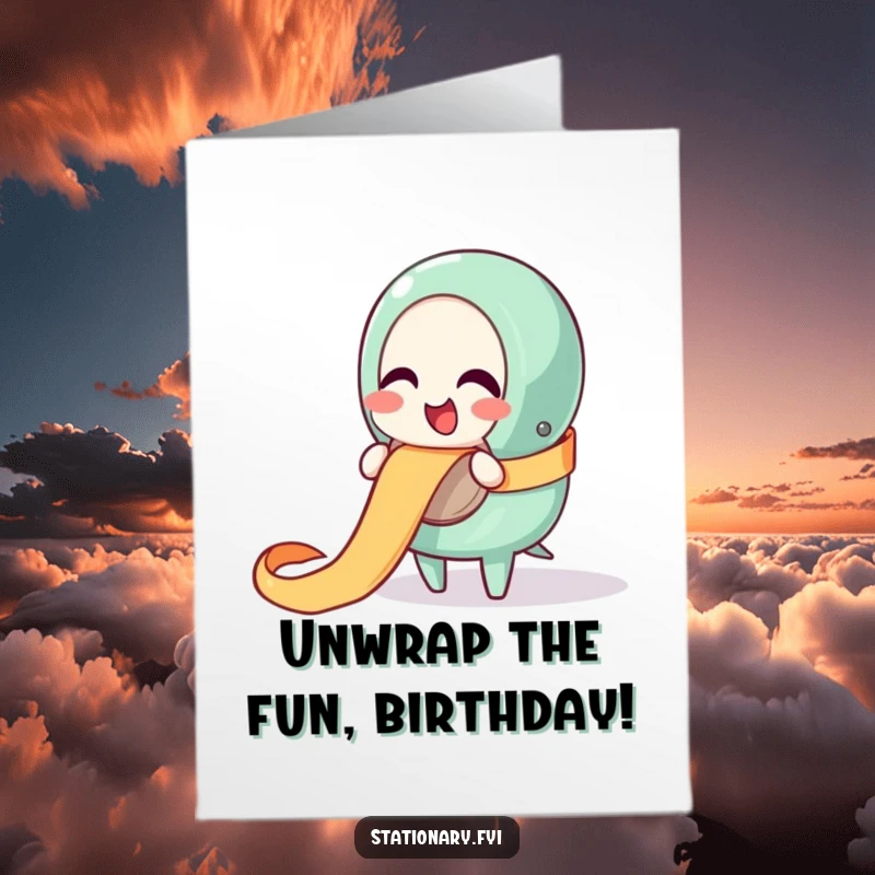 Funny Free Printable Birthday Card: Giggling tape dispenser character unraveling a happy ribbon, spreading festive cheer.