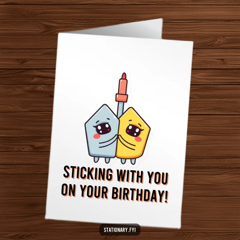 Funny Free Printable Birthday Card: A curious glue stick diligently sticks two colorful shapes together, celebrating togetherness. Downloadable art.