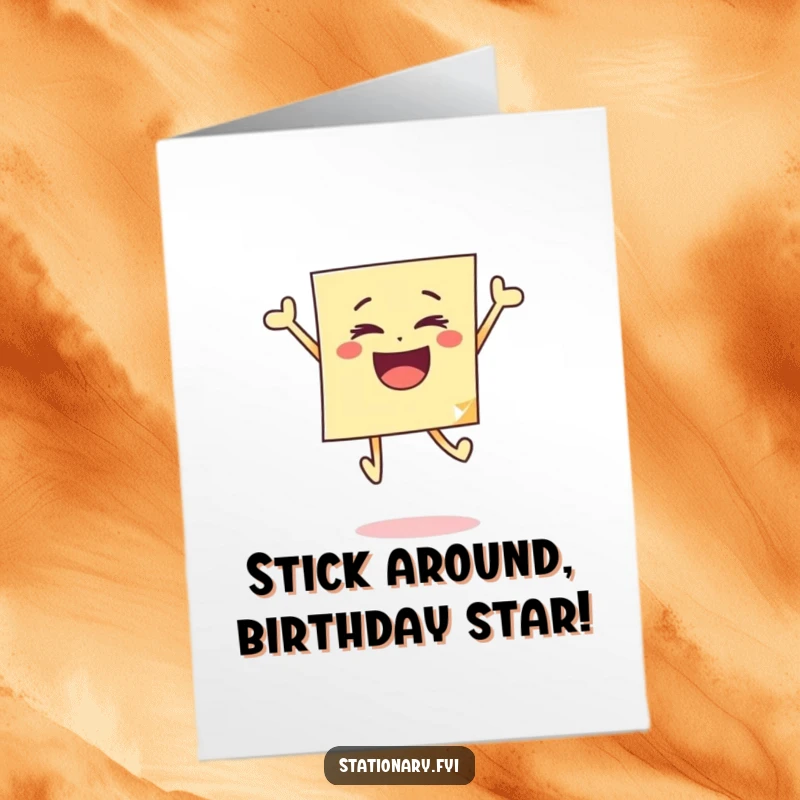 Funny Free Printable Birthday Card: A vibrant sticky note leaping with ecstatic joy, ready to celebrate with a smile.