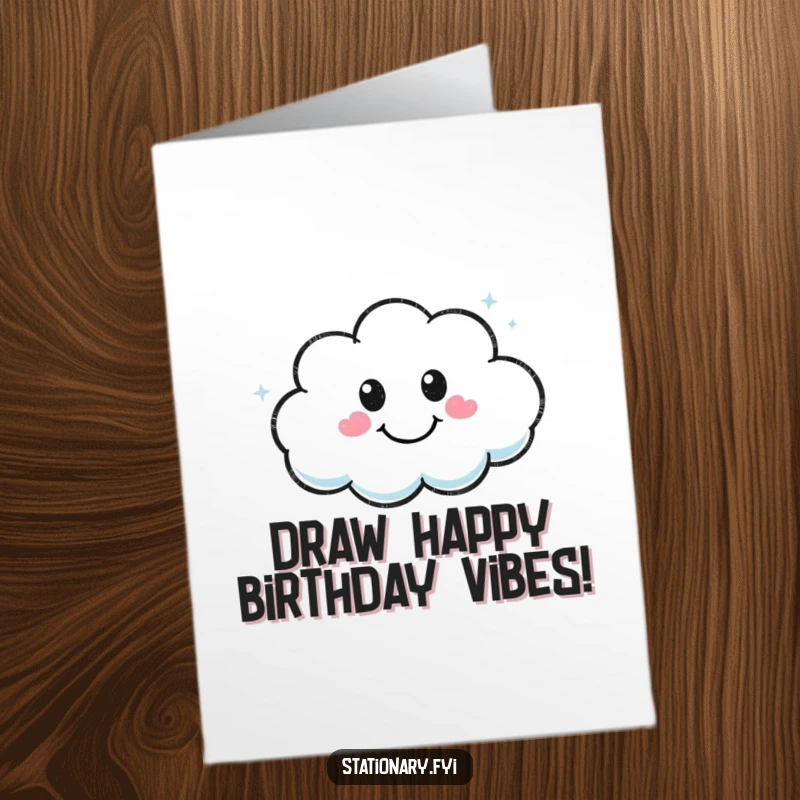 Funny Free Printable Kawaii marker character cheerfully drawing a smiley face in a cloud, perfect for a birthday card.