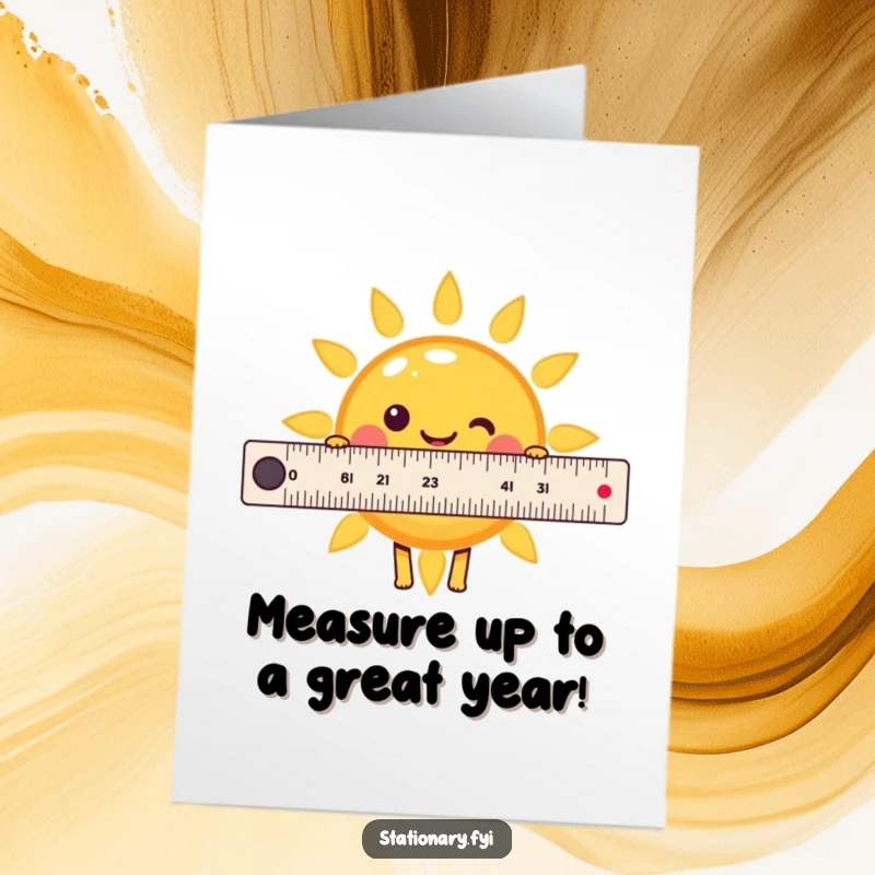 Funny Free Printable Birthday Card: A Kawaii ruler cheerfully measures a smiling sun, wishing you a perfectly measured happy birthday.