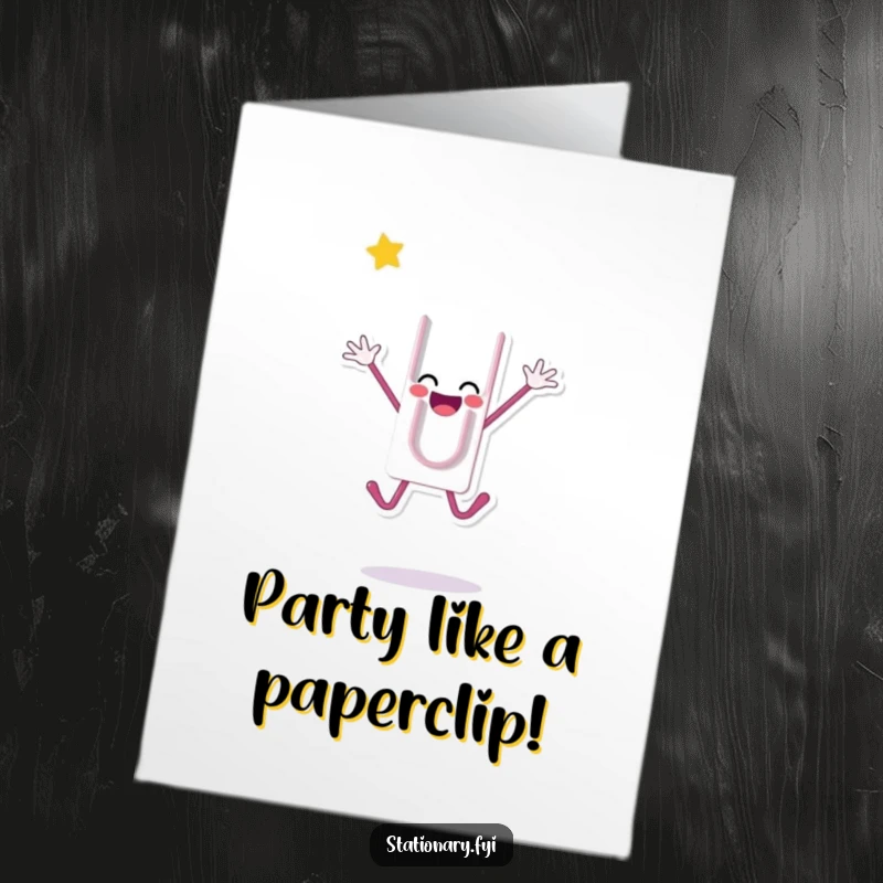 Funny Free Printable Paperclip Birthday Card, a happy paperclip character mid-air in a celebratory jump, full of birthday cheer.