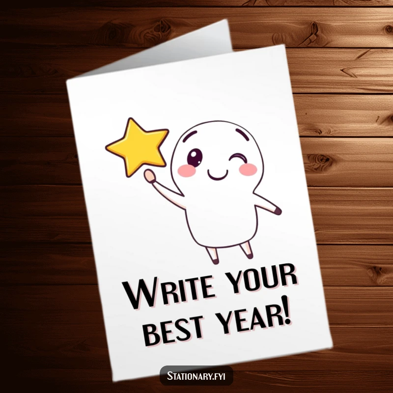 Funny Free Printable Pen Birthday Card: Happy character drawing a smiling star, spreading birthday cheer.