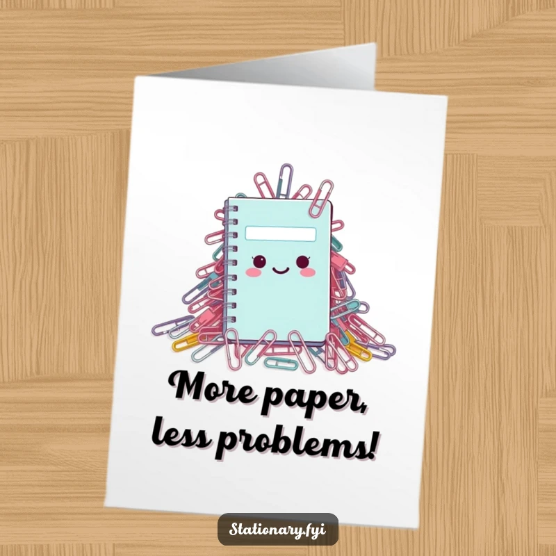 Funny free printable birthday card: Tiny notebook peeking from under a massive paperclip mountain, conveying office chaos humor.