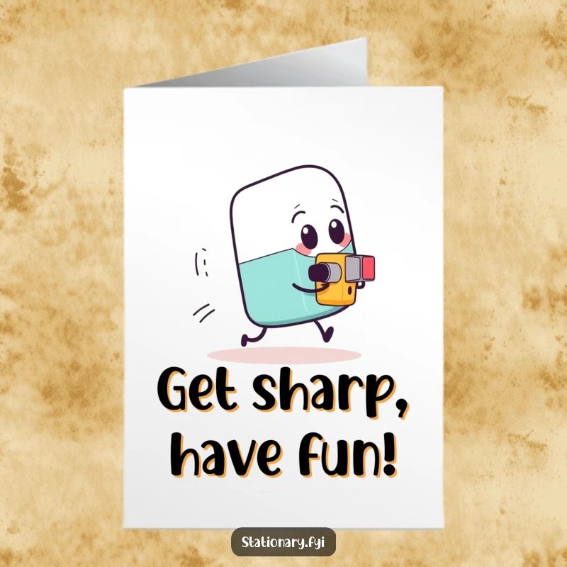 Funny Free Printable Birthday Card: An expressive eraser comically running from a tiny, determined pencil sharpener.