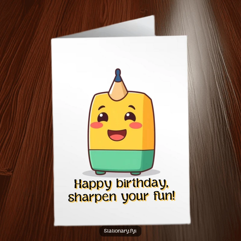 Funny Free Printable Birthday Card: A cheerful pencil sharpener character with a big grin, sending birthday wishes.