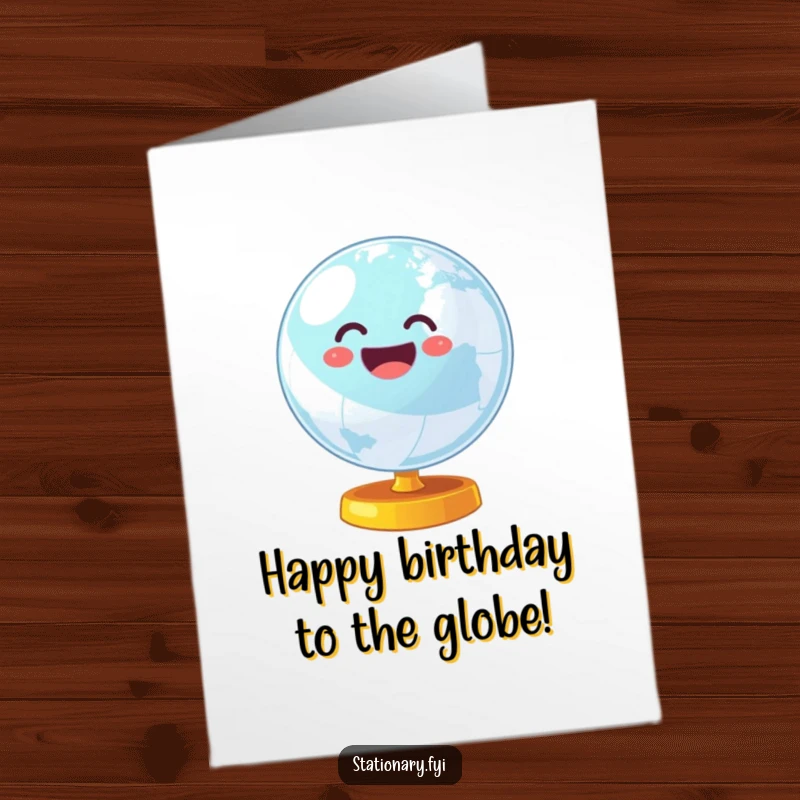Funny Free Printable Birthday Card featuring a wobbly globe spinning energetically, sending birthday wishes across the earth with a cheerful vibe.