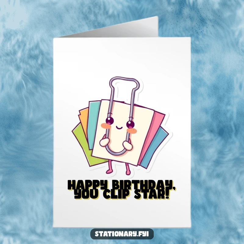 Funny Free Printable Birthday Card: A happy paperclip securely holds a stack of colorful papers, celebrating joyfully. Downloadable art.