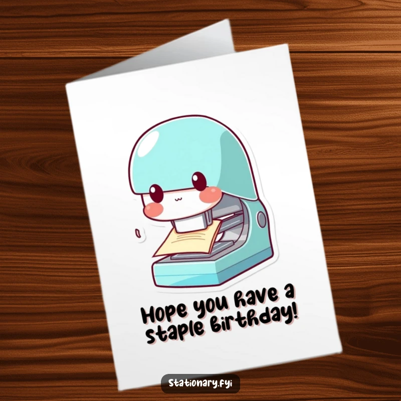 Funny Free Printable Birthday Card: A kawaii stapler character playfully chomps on paper, offering a quirky, humorous birthday greeting.