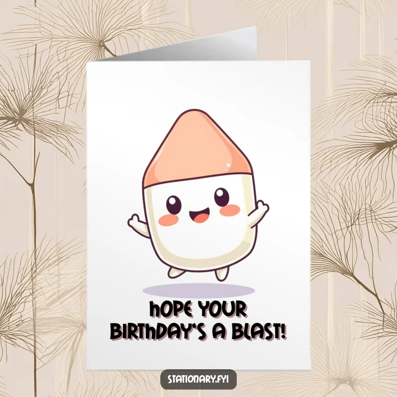 Funny Free Printable Birthday Card: A kawaii eraser character happily bounces like a ball, bringing playful, energetic humor.