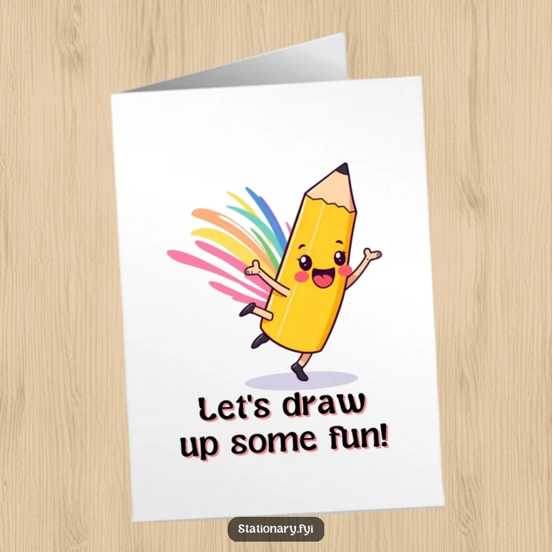 Free Printable Pencil Birthday Card: A playful pencil character doing a cartwheel and leaving a vibrant colorful streak.