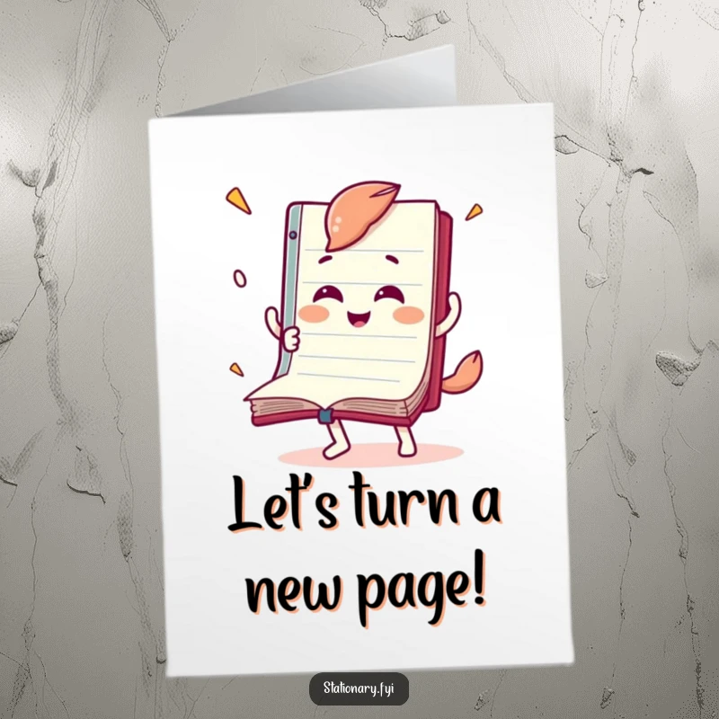 Funny free printable birthday card featuring a joyful notebook character excitedly flipping its own pages at high speed.