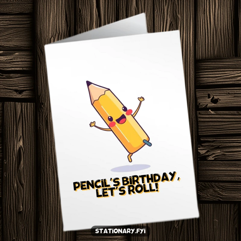 Funny Free Printable Birthday Card: Cheerful pencil doing a cartwheel with an eraser, ready for a laugh.