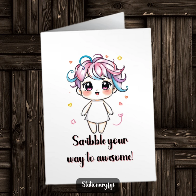 Funny free printable birthday card showcasing a delightful marker character joyfully drawing vibrant, colorful swirls with a happy expression.