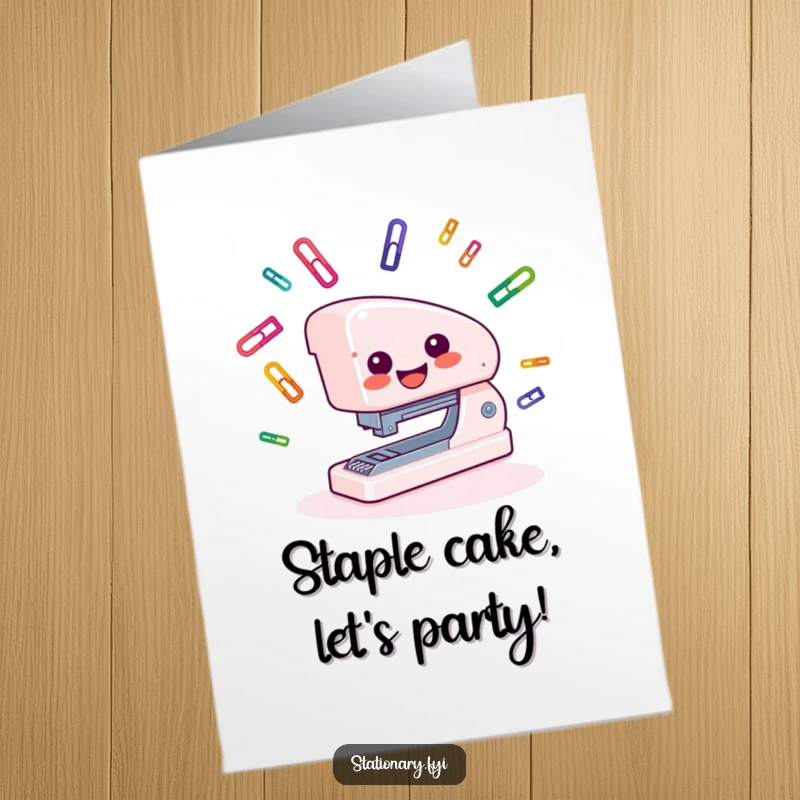 Funny Free Printable Birthday Card: A smiling stapler juggling colorful paper clips with flair.