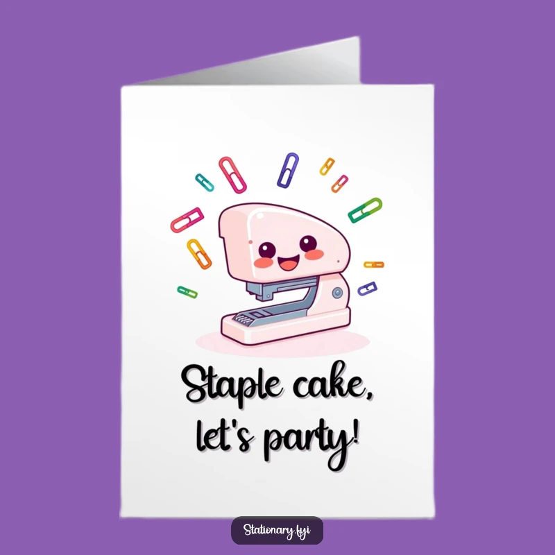 Free Printable Funny Birthday Card: Juggling Stapler - Quirky Downloadable Gift