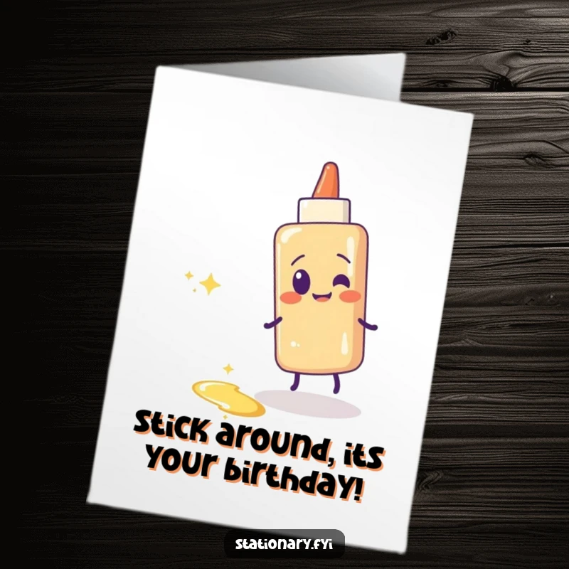 Funny Free Printable Glue Stick Birthday Card: Giggling glue stick leaves a sticky sparkling trail, perfect for birthdays.