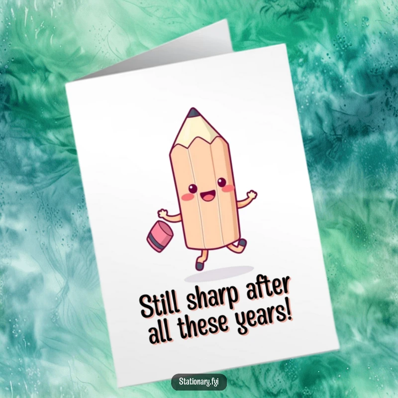 Funny Free Printable Birthday Card: A cheerful Kawaii pencil character joyfully skips alongside its eraser friend. Download and print!