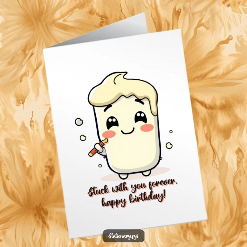 Funny Free Printable Birthday Card: A giggling Kawaii glue stick character happily smears a joyful line. Download and print for smiles!