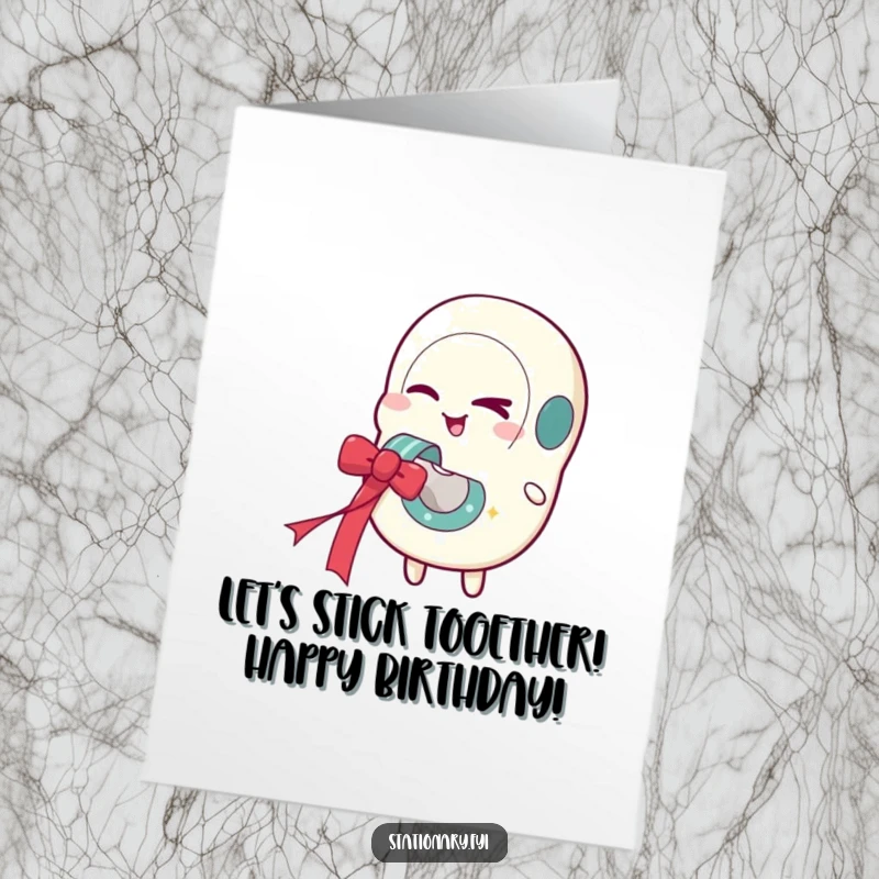Funny free printable birthday card with a winking tape dispenser character joyfully dispensing a festive ribbon, ready for laughs.