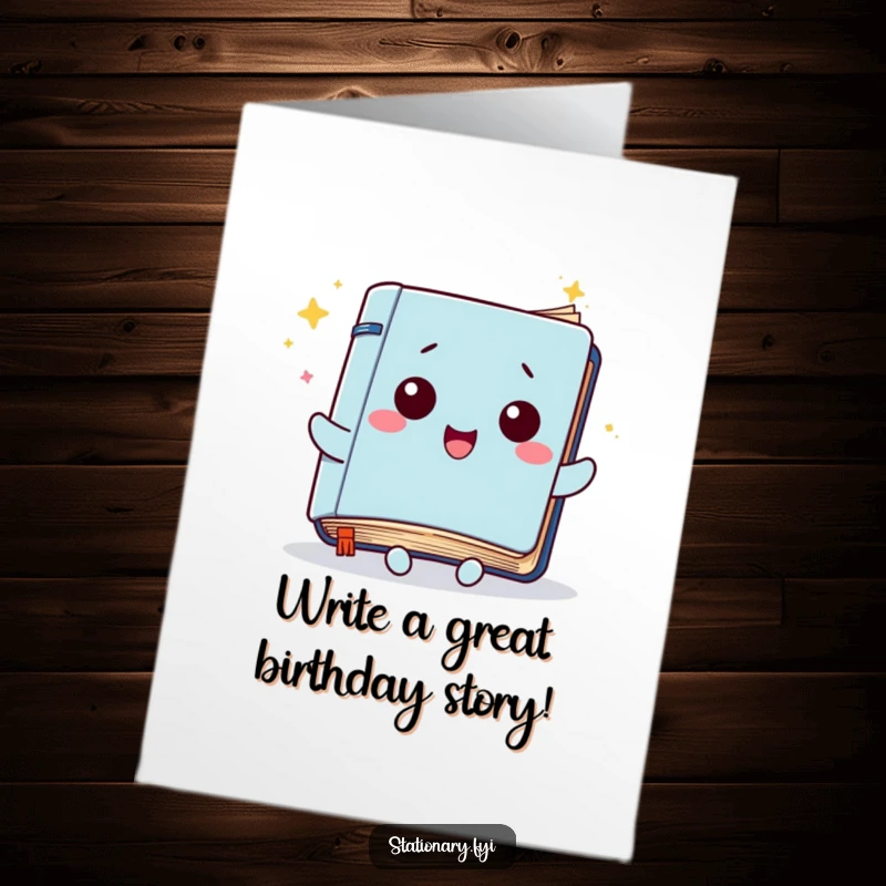 Funny Free Printable Birthday Card: A kawaii notebook character's pages flutter joyfully, spreading happy birthday vibes with humor.