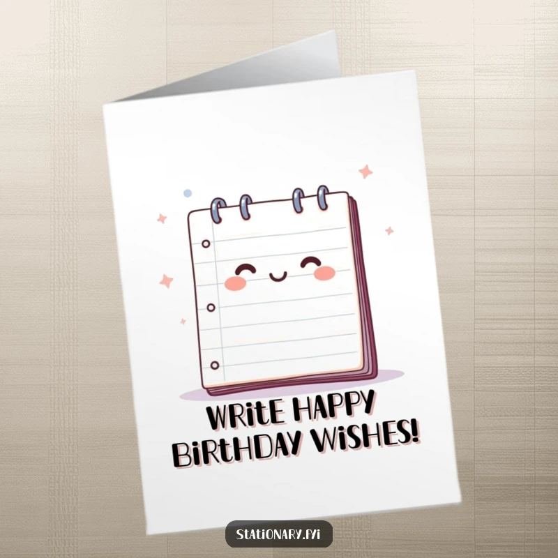 Funny Free Printable Birthday Card showing a cheerful notepad with its pages playfully flapping in a gentle breeze, perfect for a lighthearted wish.