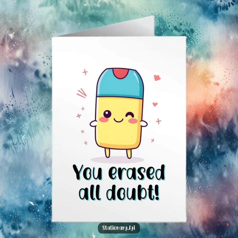 Funny Free Printable Congratulations Card featuring a smiling eraser meticulously cleaning up stray scribbles.