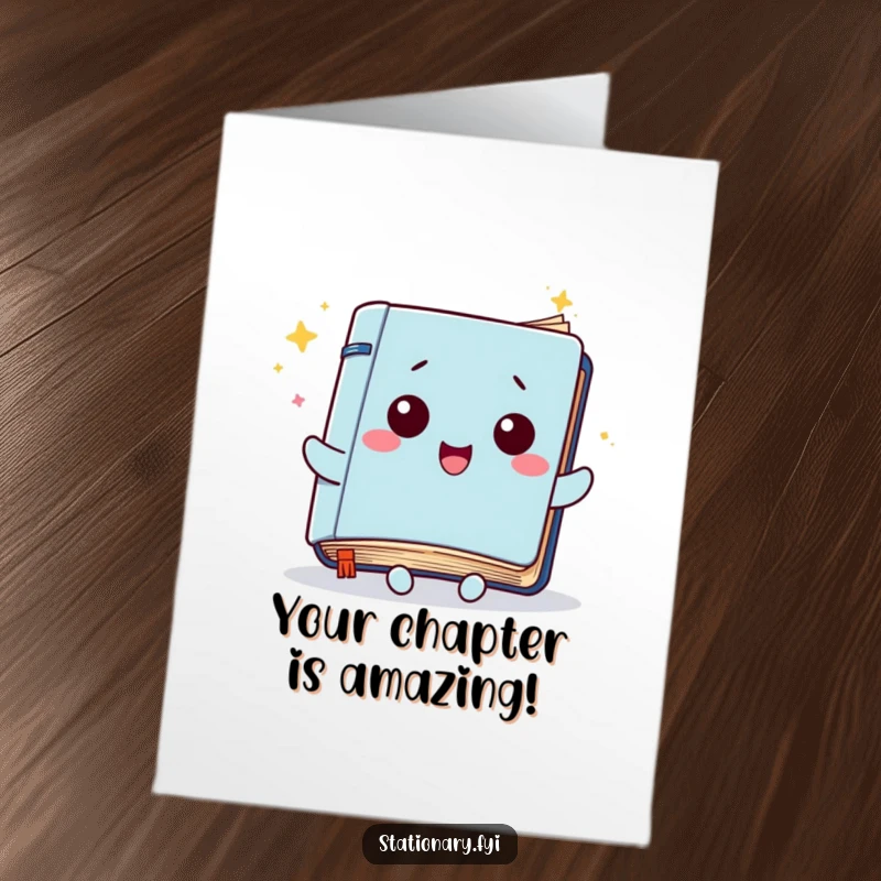 Funny Free Printable Congratulations Card: A kawaii notebook character's pages flutter joyfully, celebrating your wonderful news with flair.