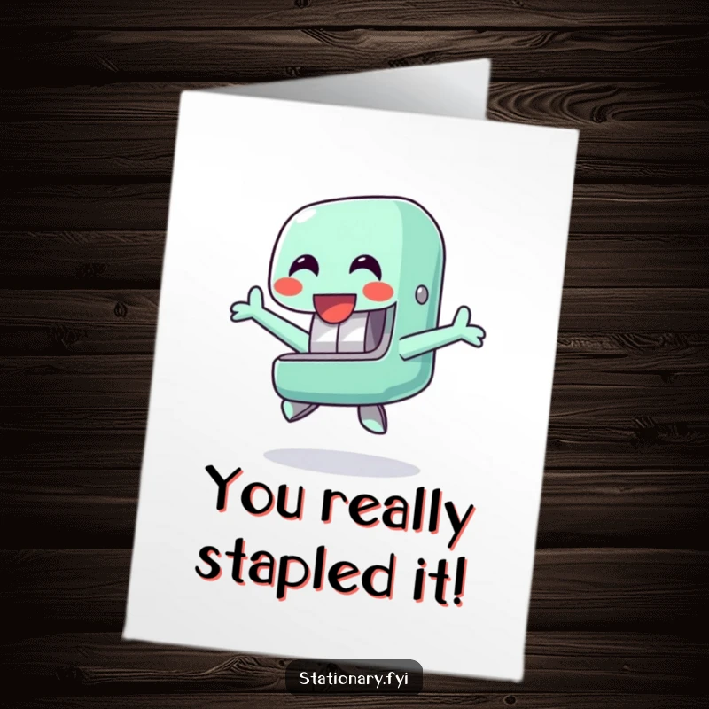 Funny Free Printable Congratulations Card: A happy stapler character captured in a fun, energetic jump.