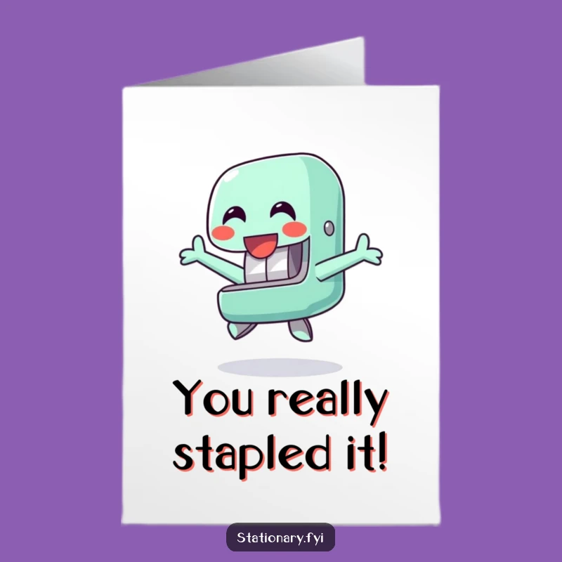 Free Printable Congrats Card: Happy Stapler Jumping Cheerfully Funny Downloadable Gift
