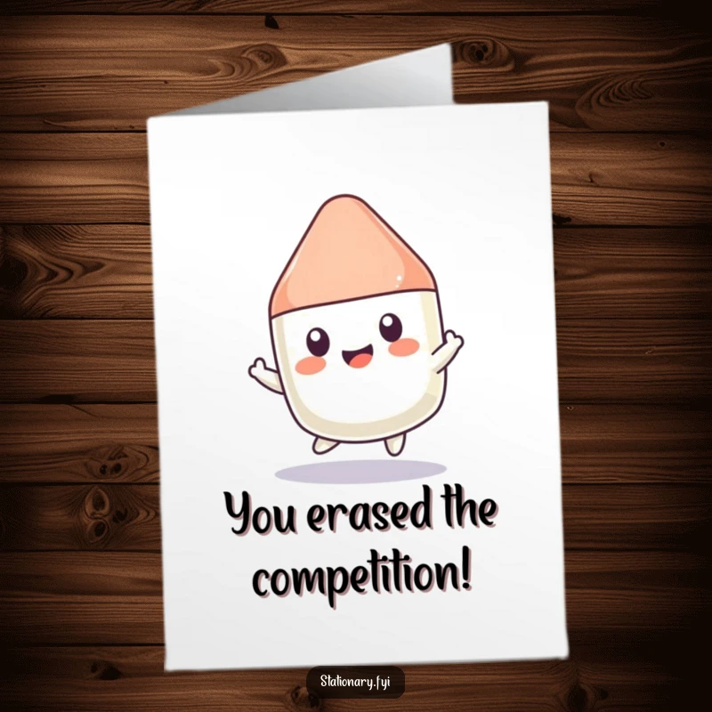 Funny Free Printable Congratulations Card: A kawaii eraser character bounces with pure joy, celebrating your achievements in a fun way.
