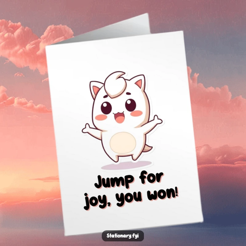Funny Free Printable Congratulations Card with a Kawaii staple remover character doing a surprised little leap, celebrating big news.