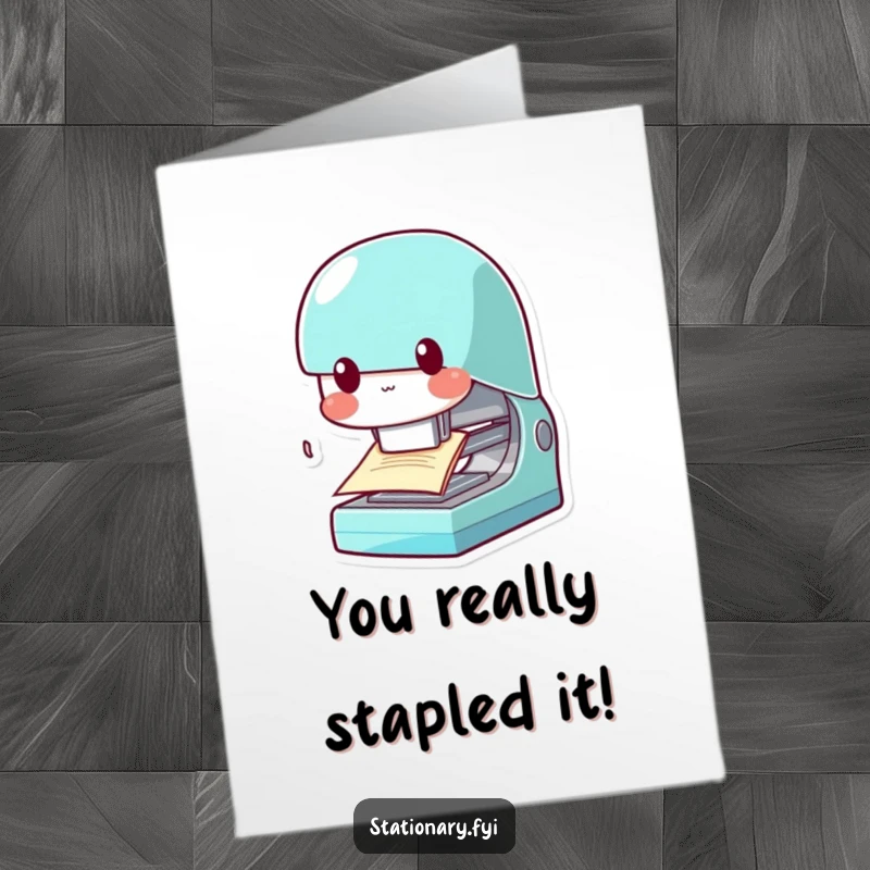 Funny Free Printable Congratulations Card: A kawaii stapler character playfully bites paper, celebrating your achievements with quirky humor.