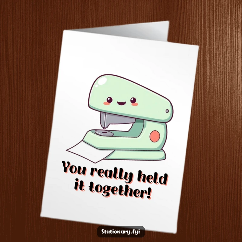 Funny Free Printable Congratulations Card with a delighted stapler efficiently fastening multiple papers together.