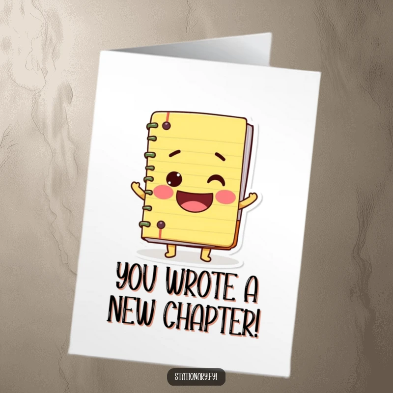 Funny Free Printable Congratulations Card: A wobbly notebook character beaming with a large smile, conveying happiness.