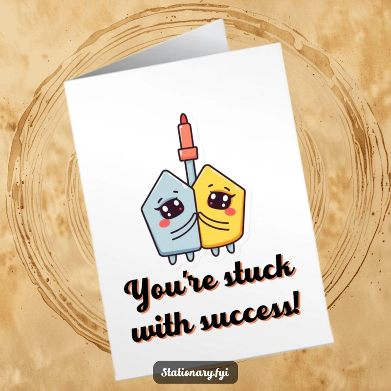 Funny Free Printable Congratulations Card: A curious glue stick adheres two shapes, symbolizing a strong connection and success. Downloadable art.