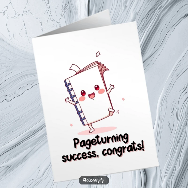 Funny Free Printable Congrats Card: A happy Kawaii notebook performs a cartwheel to celebrate your amazing achievement. Download now!
