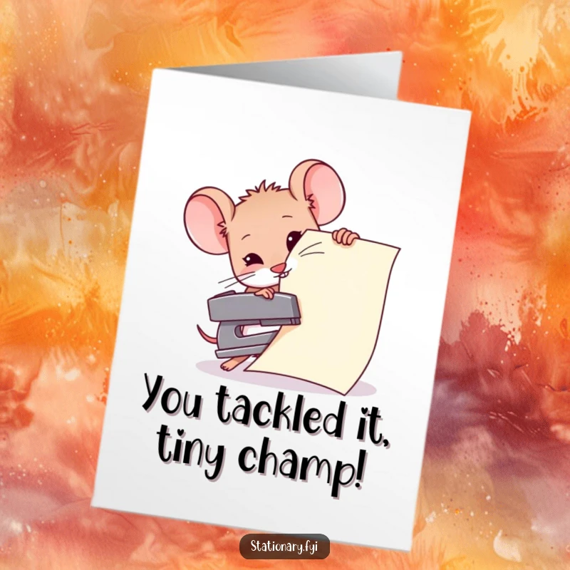 Free printable congratulations card: a small mouse tackles a giant paper with a tiny stapler, a humorous downloadable gift.