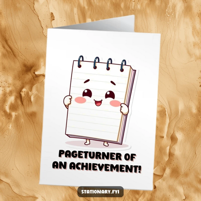 Funny Free Printable Congratulations Card: A beaming notepad character joyfully unfurling its pages to celebrate success.